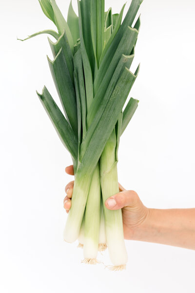vegetable farmer displays leeks in hand for food product photography