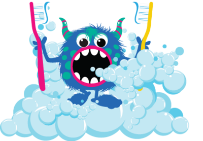 cute blue monster dual wielding toothbrushes, surrounded by foam