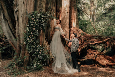Bride standing in front of large tree with groom holding her hand.