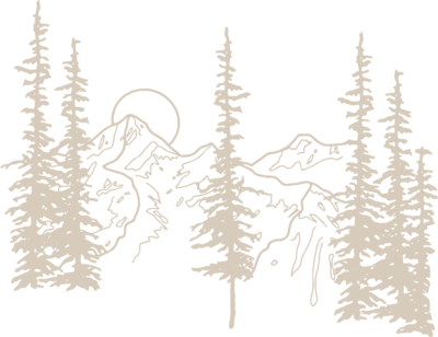 hand illustrated trees and mountain range