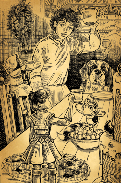 Nicholas, Hollerdon, Delshimerry, Zaspar and Barry around a table. On the table is a pie, a cake, and a bowl of berries. Nicholas, Hollerdon, and Delshimerry are holding up mugs in the air. Behind them is a wreath on the wall and garland handing from wooden rafters.