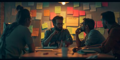 A group of four co-workers collaborating during a meeting, surrounded by sticky notes.