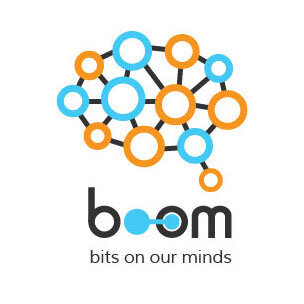 Vibrant brand identity for BOOM, featuring colorful brain and network logo elements symbolizing growth and community.