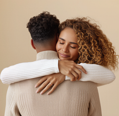 Close-up of a happy couple in a supportive embrace, symbolizing safety, healing, and the warm feeling of a repaired relationship