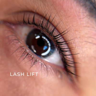 Close-up of lifted and tinted eyelashes on brunette woman