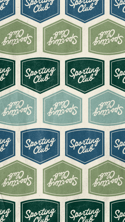 Alternating colors of Sporting Club stamp logos in lines on a cream background