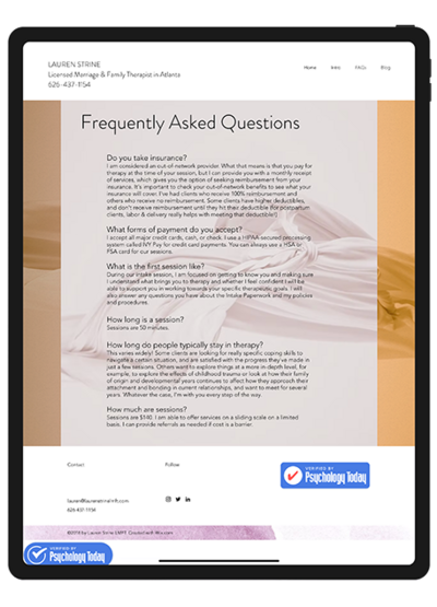 Cluttered, bad website example for mental health professionals displayed on an iPad.