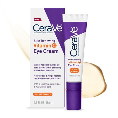 CeraVe Skin Renewing Vitamin C Eye Cream with ceramides and antioxidants—an anti-aging eye treatment approved by Dr. Maren Locke for AM skincare routines.