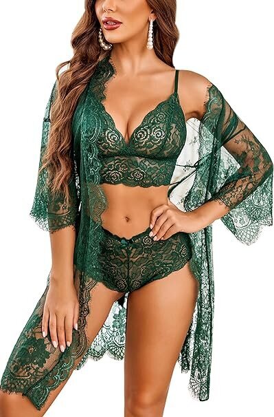 3 Piece Bra And Panty Sets With Lace Kimono