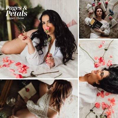 A collage of romantic, literary-inspired portraits featuring women surrounded by rose petals and open books. Soft lighting, cozy settings, and delicate florals create a dreamy, feminine atmosphere. The central image shows a woman lying on a bed with tousled hair and a rose held to her lips.