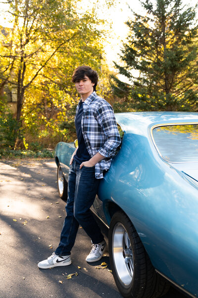 Senior picture of guy and his car in Edina, Minnesota