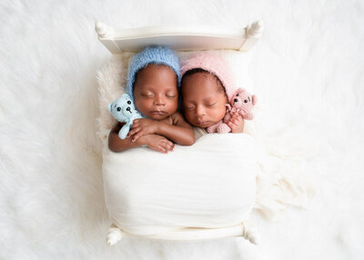Newborn photography -- twin babies wrapped in white swaddle, wearing blue and pink knit hats, each holding a matching teddy bear in a Birmingham photography studio