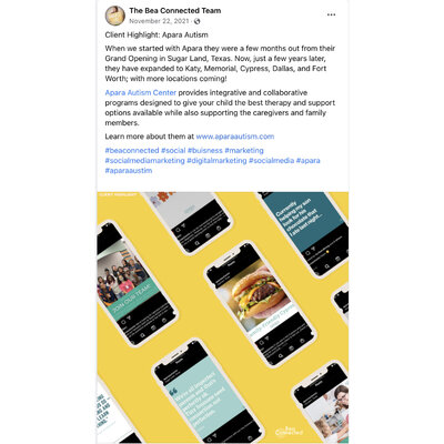 Facebook post by The Bea Connected Team raising awareness for the Apara Autism Center