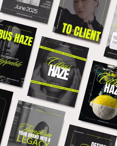 Bold, editorial black and white social media marketing templates with bright neon yellow and white accents for creative businesses.