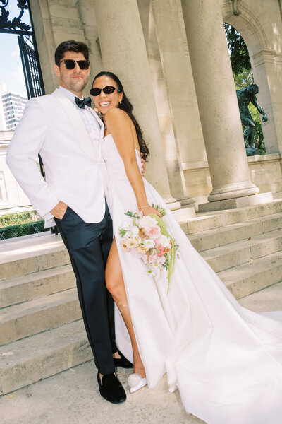 Direct flash bride and groom portrait at Rodin Museum in Philadelphia