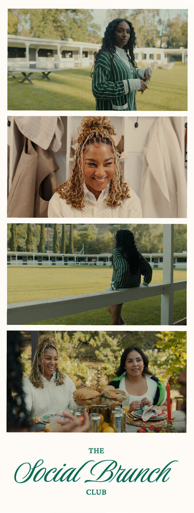 A strip of polaroid images of women on a gold green and at brunch.