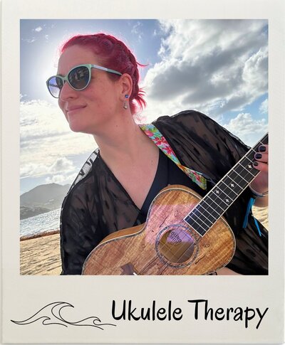 Jill Soper smiling with a ukulele on a sunny beach, framed in a Polaroid-style photo labeled "Ukulele Therapy" with a wave graphic.