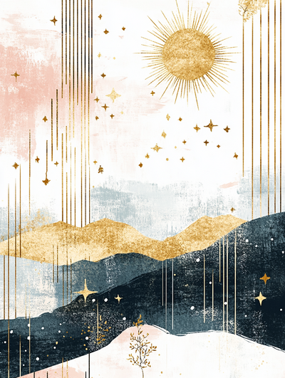 Abstract landscape artwork symbolizing nature-based clarity and navigational alignment, with gold stars, mountains, and sun imagery representing the ALTAZ Coaching philosophy.
