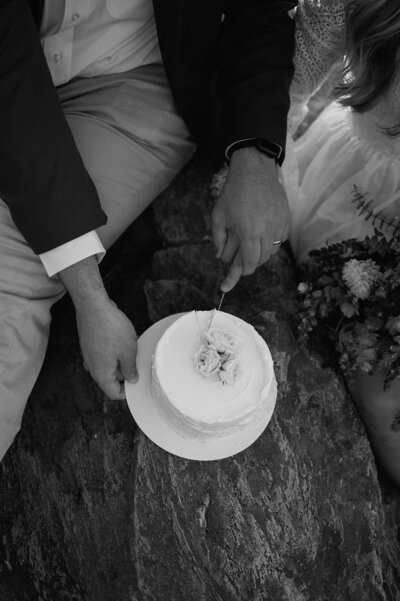 Newlyweds joyfully slicing their wedding cake at the mountain summit