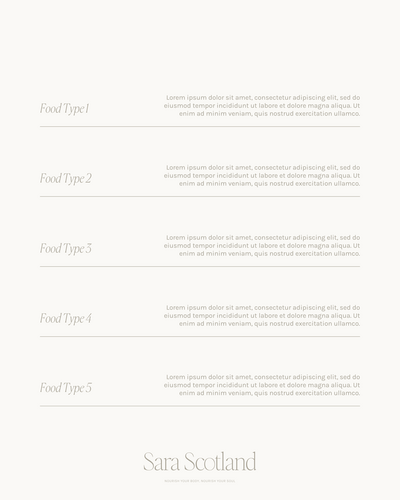 Minimalist social media template design for Sara Scotland Nutrition by Studio Petita. The layout features a clean, neutral background with elegant serif typography listing different food types alongside placeholder text, finished with the Sara Scotland brand mark and tagline “Nourish your body, nourish your soul” at the bottom.