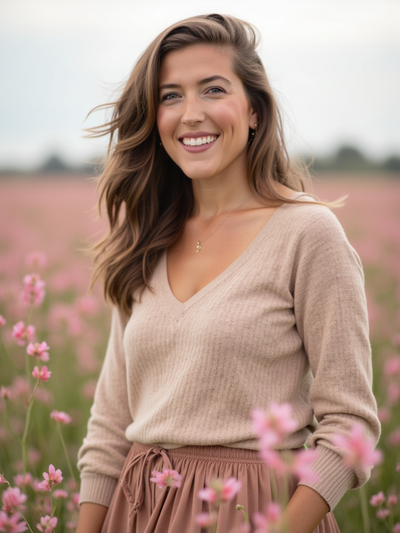 Caramel-skinned woman smiles while working on laptop