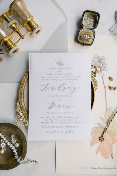 Flat lay of wedding invitation suite for Connecticut wedding
