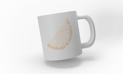 White mug with Events by Raina logo