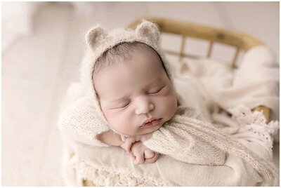 Baby boy with bear hat in Akron Ohio