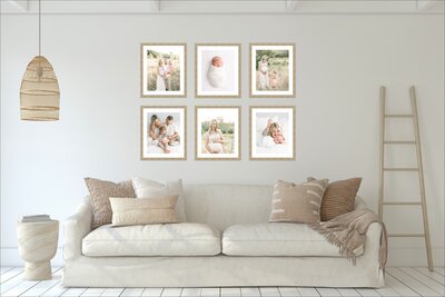 Wall art collection of two rows of 16x20 framed prints with maternity portraits and newborn portraits together. Portland Maternity Photography