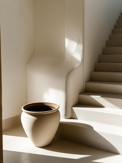 light beige stone stairs. Beige large flower pot without flowers. the sun is casting shaddows and light