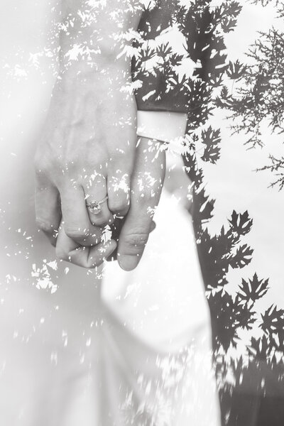 double exposure of couple holding hands with an overlay of the surrounding trees 