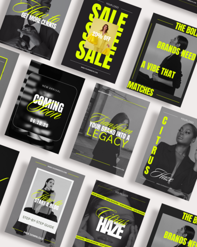 Bold, editorial black and white social media marketing templates with bright neon yellow and white accents for creative businesses.
