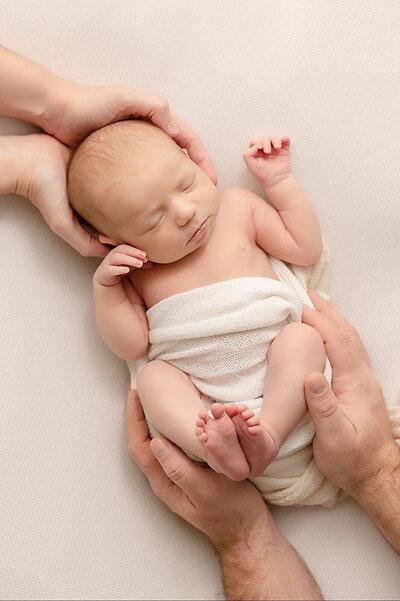 baby girl on cream backdrop with mom and dad's hands in image