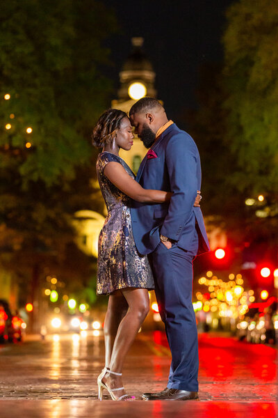 Couple in downtown Fort Worth at nighttime with Stefani Ciotti Photography