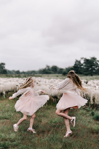 Twee dansende bruidsmeisjes met trouwjurken aan. De jurken draaien als ballerina's in het rond. Ze dansen in de natuur, voor een schaapskudde op de heide in Elspeet op de Veluwe. Hun haren wapperen in de wind.