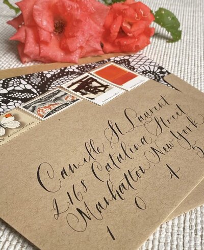 Brown envelope with custom calligraphy