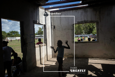 girl dancing in a concrete structure with a frame and logo around her