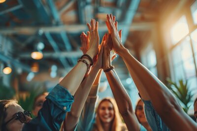 A group of hands all meeting to high-five in a workplace setting.