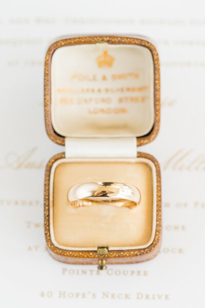 Photograph of ring in case by Charleston, SC wedding photographer Dana Cubbage.