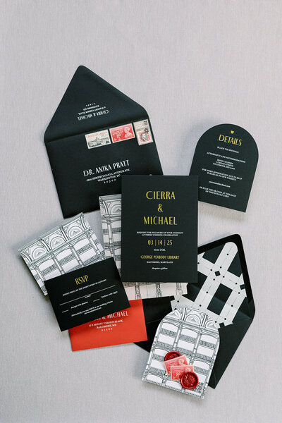 Custom wedding invitation in DC with integrated event branding, incorporating architectural elements of the George Peabody Library in Baltimore