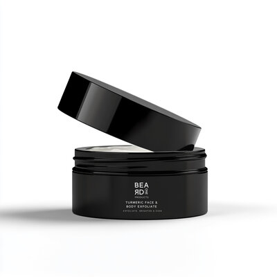 Black jar of Beard One Products Turmeric Face & Body Exfoliate with open lid on a white background