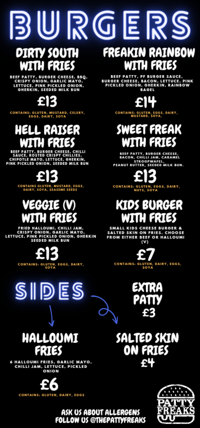 Menu for the Street food Patty Freaks in black white and yellow with Patty Freaks logo