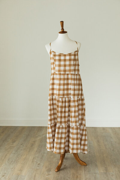spaghetti strapped tan and cream plaid patterned dress from Target