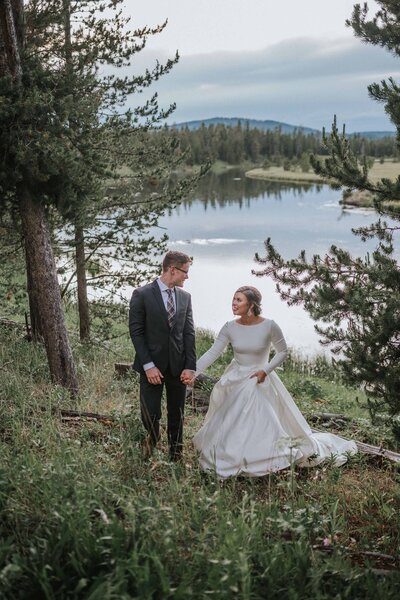 Lake Tahoe Elopement Photographer captures bride and groom walking together
