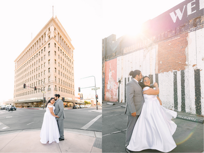 Bride and groom embracing on their wedding day in downtown fresno 