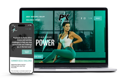 Website design mockup of Physiques by Karlie website on laptop and phone, designed by Amanda Newman in Paducah, Kentucky.