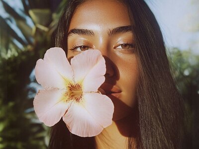 Close-up portrait of a woman with a pink flower, highlighting her brown eyes and smooth skin in warm sunlight.