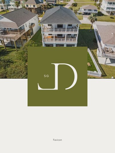 Dillard Signature Living favicon featuring a stylized 'D' and 'L' monogram on an olive green square overlaid on aerial view of Galveston beach homes.