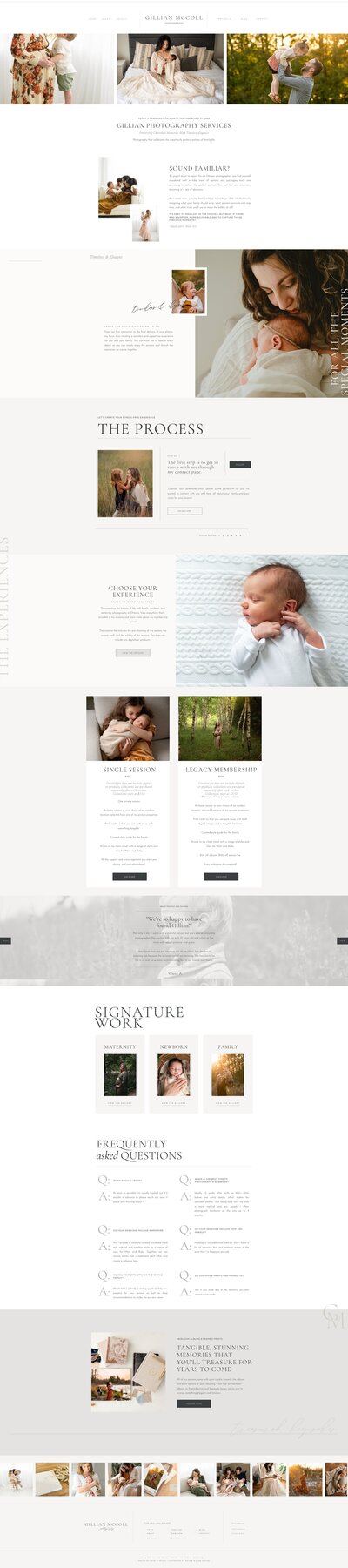 A website layout showcasing a Showit template customization for a photographer for newborns and families, featuring various sections: About, The Process, Signature Work, Testimonials, and a gallery of images.