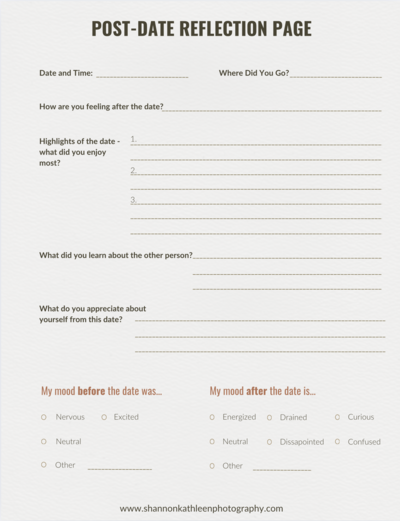 Sample page of the Post-Date Reflection Journal featuring guided questions, compatibility checklists, and note-taking spaces for dating insights.